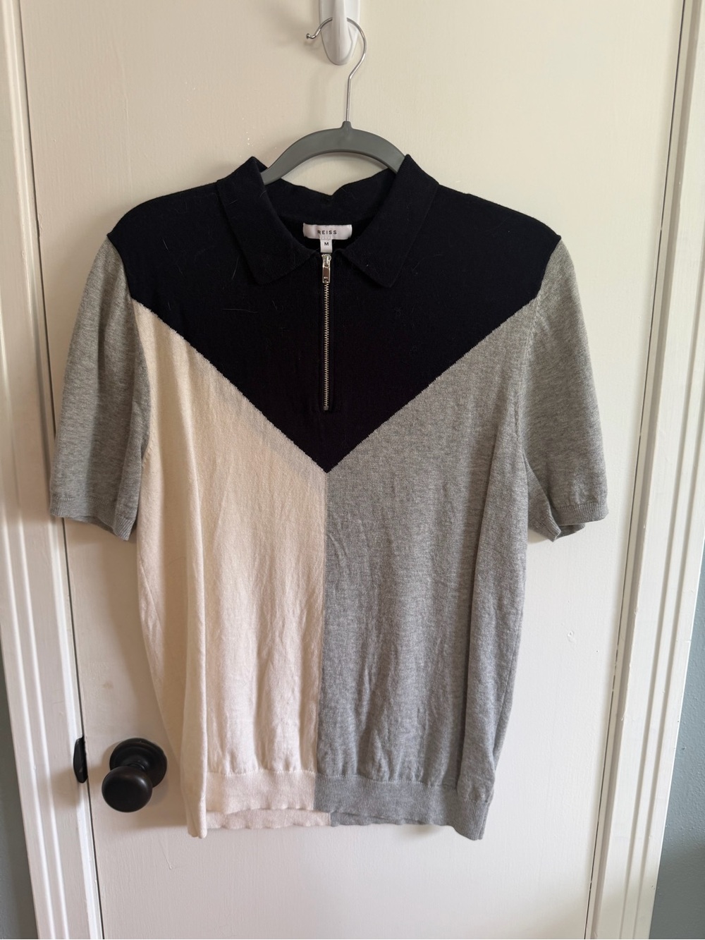 Reiss Men’s Colorblock Zip Polo Sweater — Black, Gray & Cream